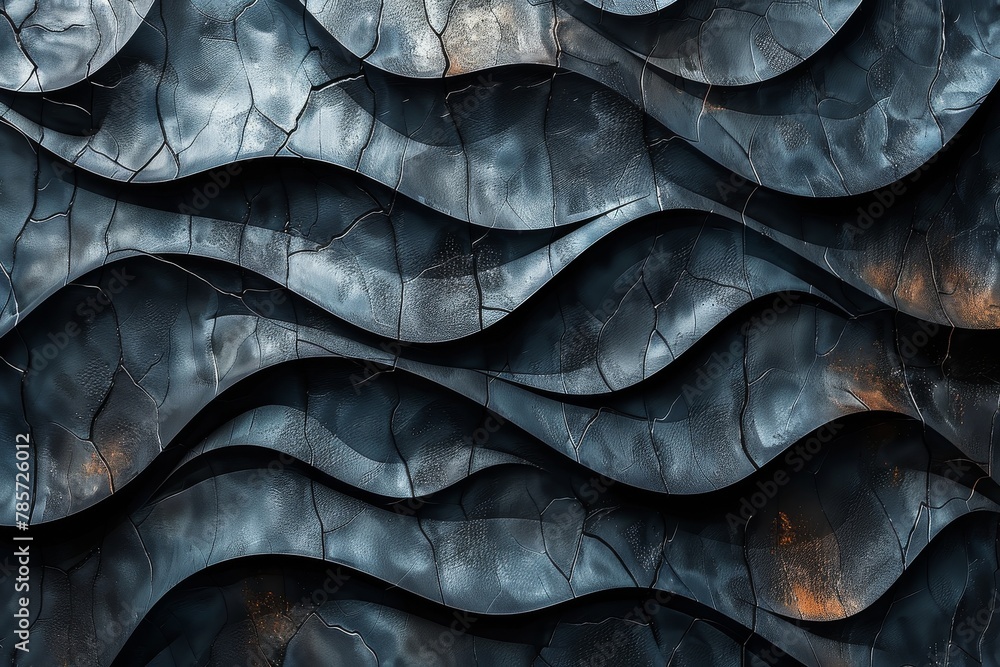 Poster a dynamic abstract image featuring a wavy pattern with deep blue tones and golden rust accents creat