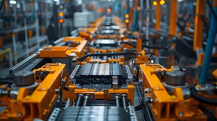 Precision and Rhythm in Battery Production. Concept Assembly Line Efficiency, Product Quality Control, Staff Training, Workflow Optimization, Equipment Maintenance - obrazy, fototapety, plakaty