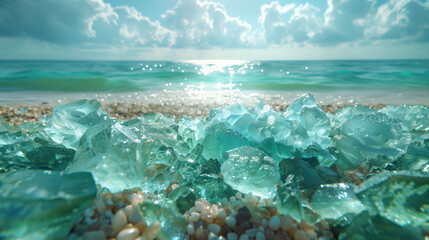Sea-glass on sandy beach with sparkling ocean horizon