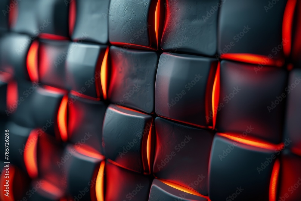 Poster a visually intense image of black cubic structures illuminated with a striking red glow, conveying a