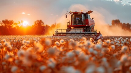 A combine harvester is gathering cotton in an Ecoregion field at sunset - obrazy, fototapety, plakaty