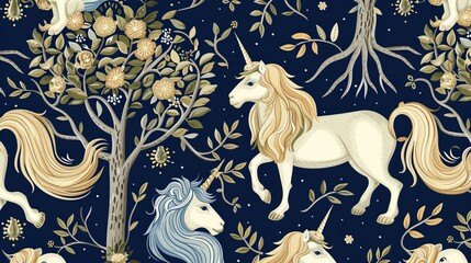 A seamless repeat vector pattern inspired by medieval tapestries, featuring elements like a beige lion, white unicorn, and green tree against a dark blue background