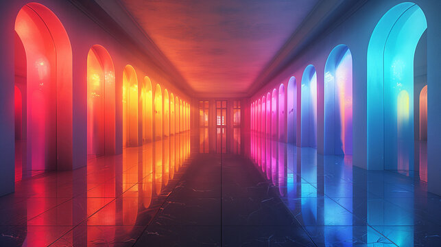 Langer Arkadengang mit Beleuchtung in Regenbogenfarben, Neon-Licht