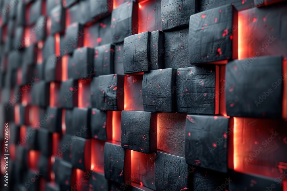 Poster dynamic red-lit 3d cubes create an impressive pattern, forming a contemporary and bold abstract back