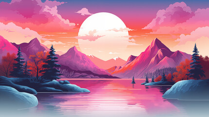 Jolie illustration d'un coucher ou lever de soleil. Illustration colorée, pleine de couleurs. Paysage, montagnes, arbres, nuages, eau. Pour conception et création graphique. - obrazy, fototapety, plakaty
