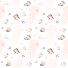 Seamless pattern with watercolor seashell and jelly fish