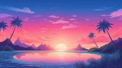 Fototapeten Jolie illustration d'un coucher ou lever de soleil. Illustration colorée, pleine de couleurs. Paysage, montagnes, arbres, nuages, eau. Pour conception et création graphique. © FlyStun