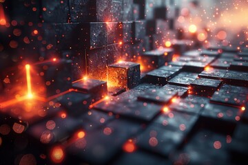 This image showcases a stunning 3D render of geometric cubes with glowing particles, evoking a futuristic tech feel