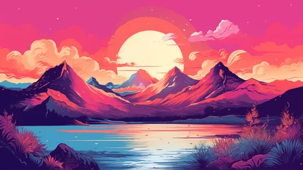 Papier Peint photo Roze Jolie illustration d'un coucher ou lever de soleil. Illustration colorée, pleine de couleurs. Paysage, montagnes, arbres, nuages, eau. Pour conception et création graphique.