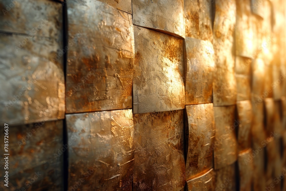 Poster close-up of shimmering gold-hued metallic tiles with reflective surface creating a luxurious texture
