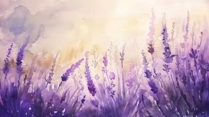Elegant and tranquil illustration of a lavender field bathed in soft sunlight, painted in watercolor for an artistic expression