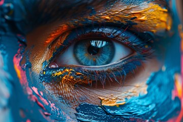 Eye with artful blue and orange paint strokes