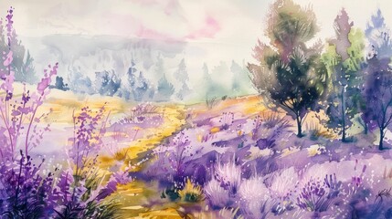 A serene watercolor painting showcasing a vibrant landscape filled with blooming lavender flowers and greenery under a pastel sky