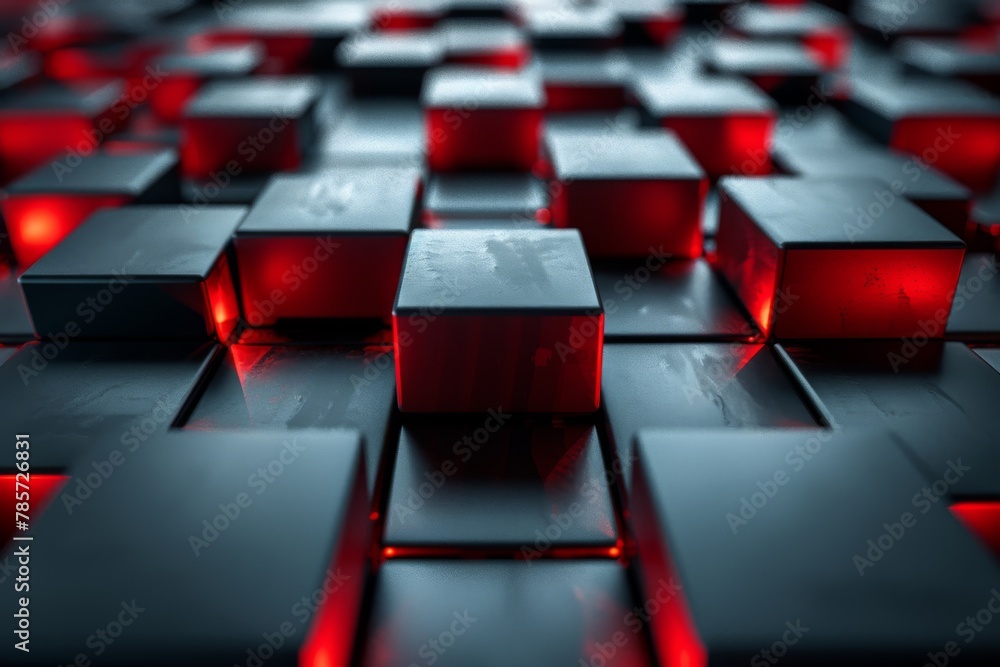 Poster this striking design shows a geometric pattern of red-lit and black cubes creating depth and contras