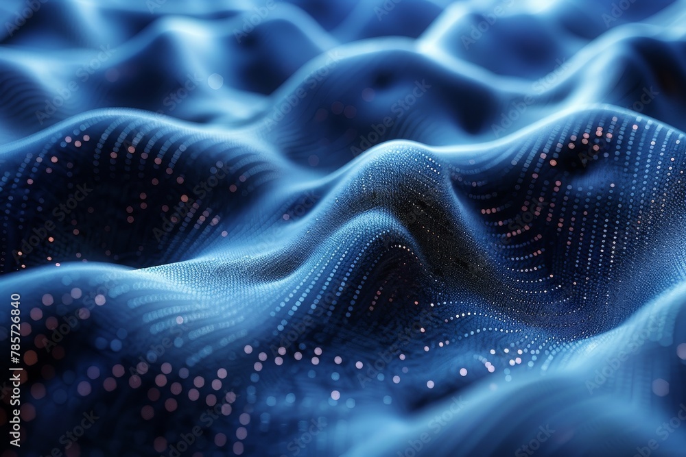 Poster the image features a digital abstract pattern of dynamic blue waves with sparkling dot elements, giv
