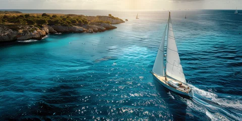 Foto op Plexiglas Regatta of sailing ships with white sails on the high seas. Aerial view of a sailboat in a windy state.   © Александр Марченко