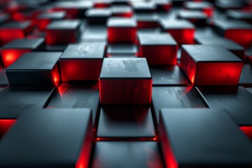 Obraz premium This striking design shows a geometric pattern of red-lit and black cubes creating depth and contrast