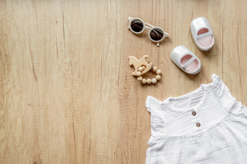 Flat lay of baby staff and accessories. Kids wear flat lay - 785726879