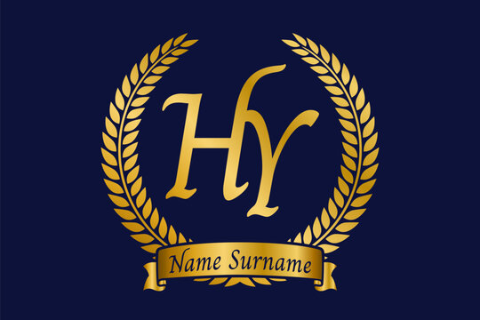Initial letter H and Y, HY monogram logo design with laurel wreath. Luxury golden calligraphy font.