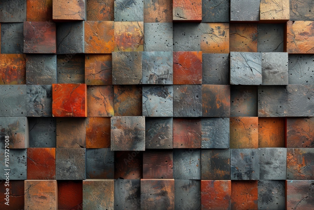 Poster an array of bold, textured squares create a modern three-dimensional wall art with a mix of rust and