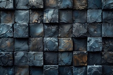 A monochromatic composition of geometric stone blocks, showcasing various shades of blues and grays