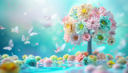 Fototapeta na wymiar Fairy tree and flower surreal in jelly cake material pastel colors