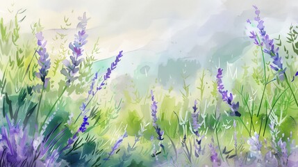 Watercolor impression of a blooming lavender field with a warm and peaceful ambiance, representing calmness, and serenity in nature