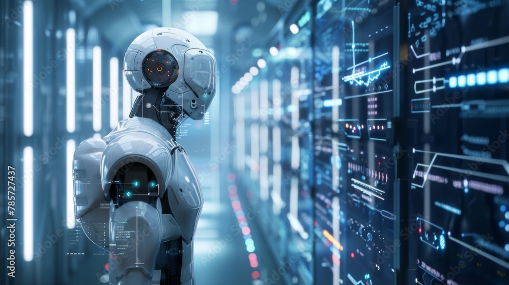 Poster Robot Standing Before Row of Servers