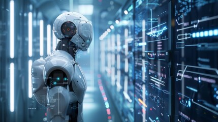 Robot Standing Before Row of Servers