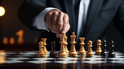 Businessman moving chess piece on chess board game.