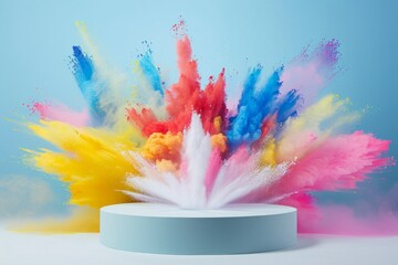 Product display podium with colorful powder paint explosion.