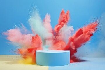 Product display podium with colorful powder paint explosion.