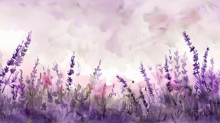 This image is a watercolor painting depicting a dreamy lavender field with a soft, pastel-colored background - obrazy, fototapety, plakaty
