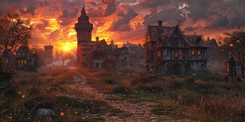 decrepit farmhouse in front of a medieval city