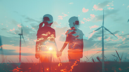 Two people holding hands at sunset with wind turbines.