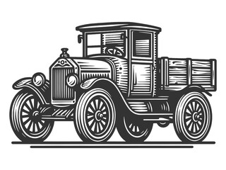 old-fashioned farm truck in a rustic countryside setting sketch engraving generative ai fictional character vector illustration. Scratch board imitation. Black and white image.
