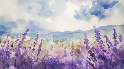 A beautiful watercolor landscape painting depicting vibrant lavender fields with a soft focus mountain backdrop under a cloudy sky