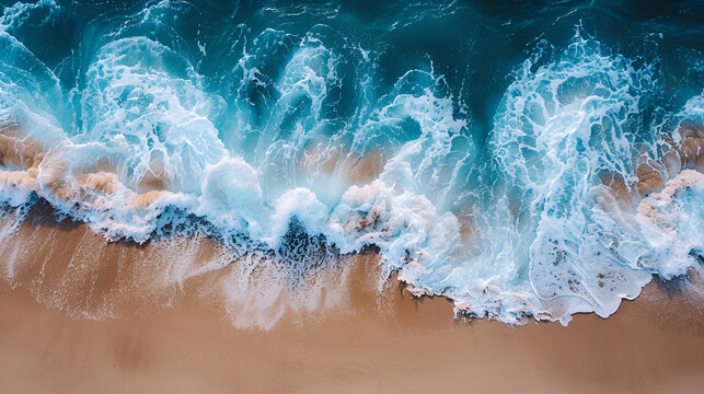 An aerial view of a sandy beach with azure waves,
Stormy Beauty Ocean Waves on the Beach as a Stunning Background
