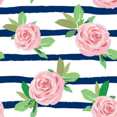 Pink rose flowers, green leaves, striped background. Floral illustration. Vector seamless pattern. Summer design. Nature garden plants