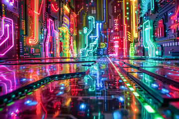 Futuristic circuit board cityscape with vibrant neon lights