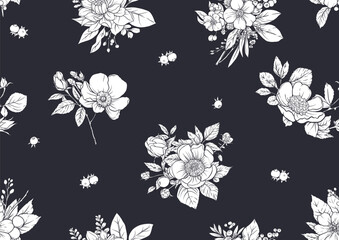 Boutonniere of wild rose flowers and berries Seamless pattern, background. Black and white graphics. Vector illustration. In botanical style - 785728465