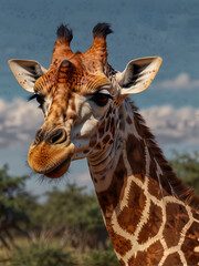 A giraffe, close-up in the background.