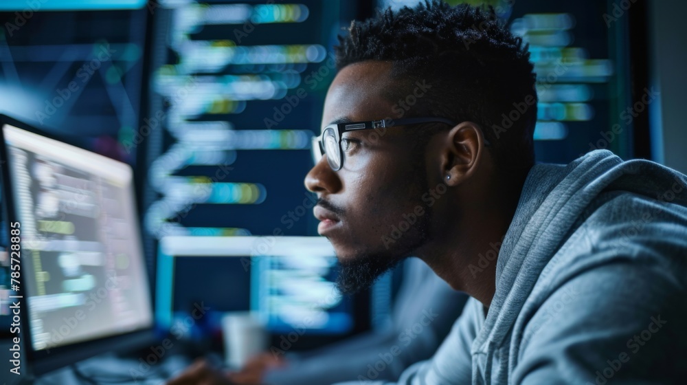 Poster focused man working late on multiple computer screens