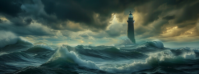 Dramatic lighthouse amidst stormy sea waves under a cloudy sky.
