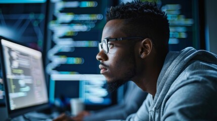 Focused Man Working Late on Multiple Computer Screens