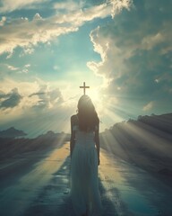 women silhouette standing on the road in front of crucifix cross on sky