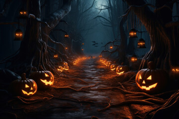 Enchanted Forest Path Lined with Glowing Jack-O'-Lanterns Leading into the Unknown