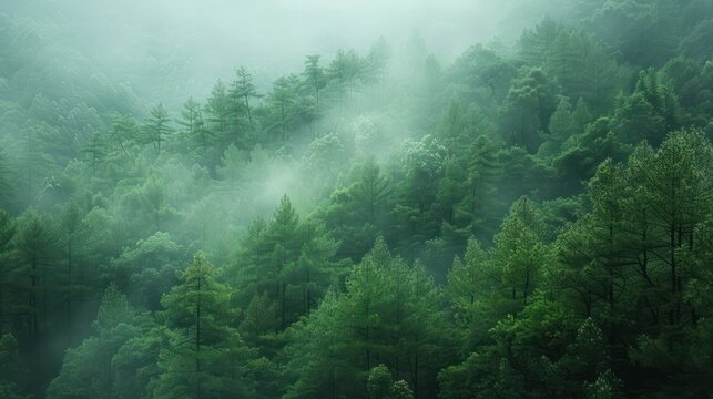 This atmospheric image captures a serene forest scene enveloped in mist, with light filtering through the dense canopy of lush green trees
