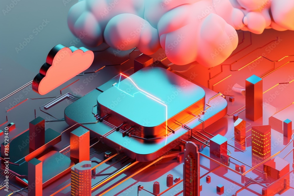 Poster abstract 3d illustration of high-tech cloud computing infrastructure in vibrant colors.