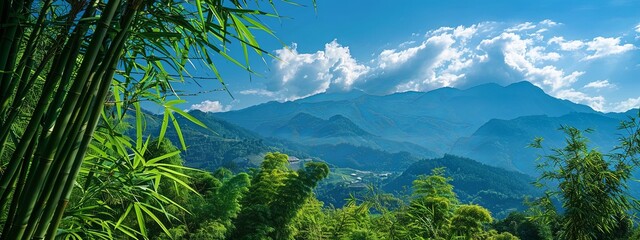 Lush green bamboo grove forest with trees, mountains, and blue sky